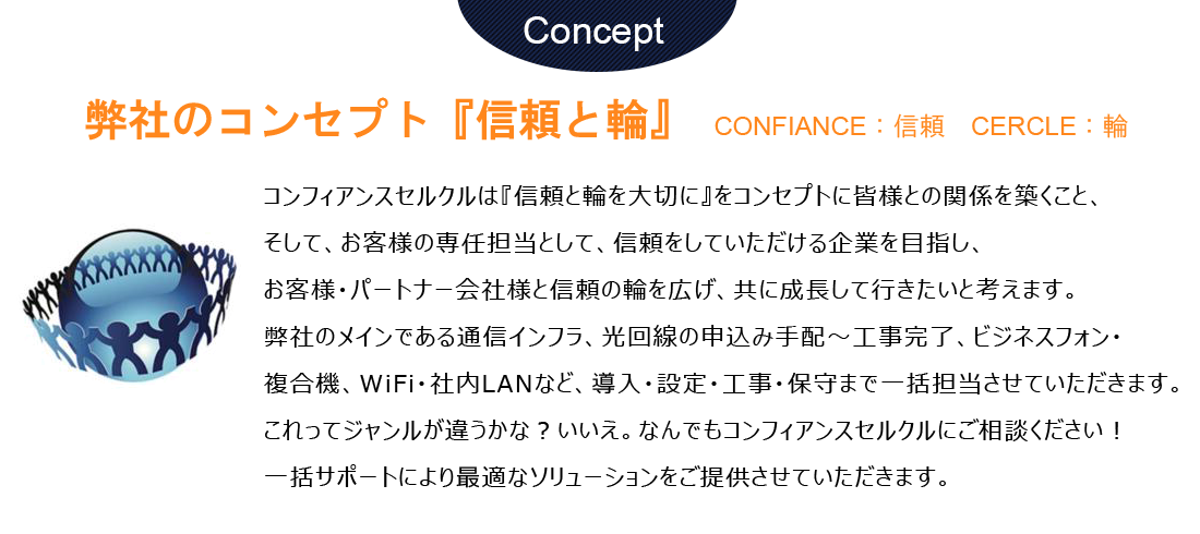 弊社のコンセプト『信頼と輪』 CONFIANCE：信頼　CERCLE：輪